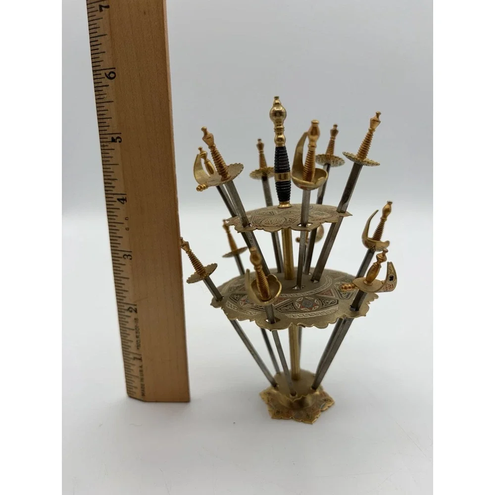 Vintage Toledo Spain Appetizer Swords Set of 12 Brass Cocktail Picks Stand